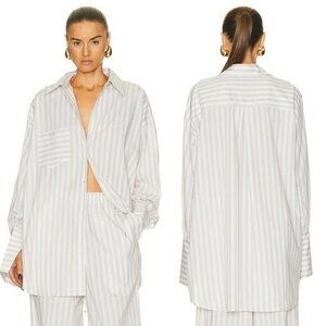 HELSA Cotton Poplin Stripe Oversized Shirt - Beige Stripe